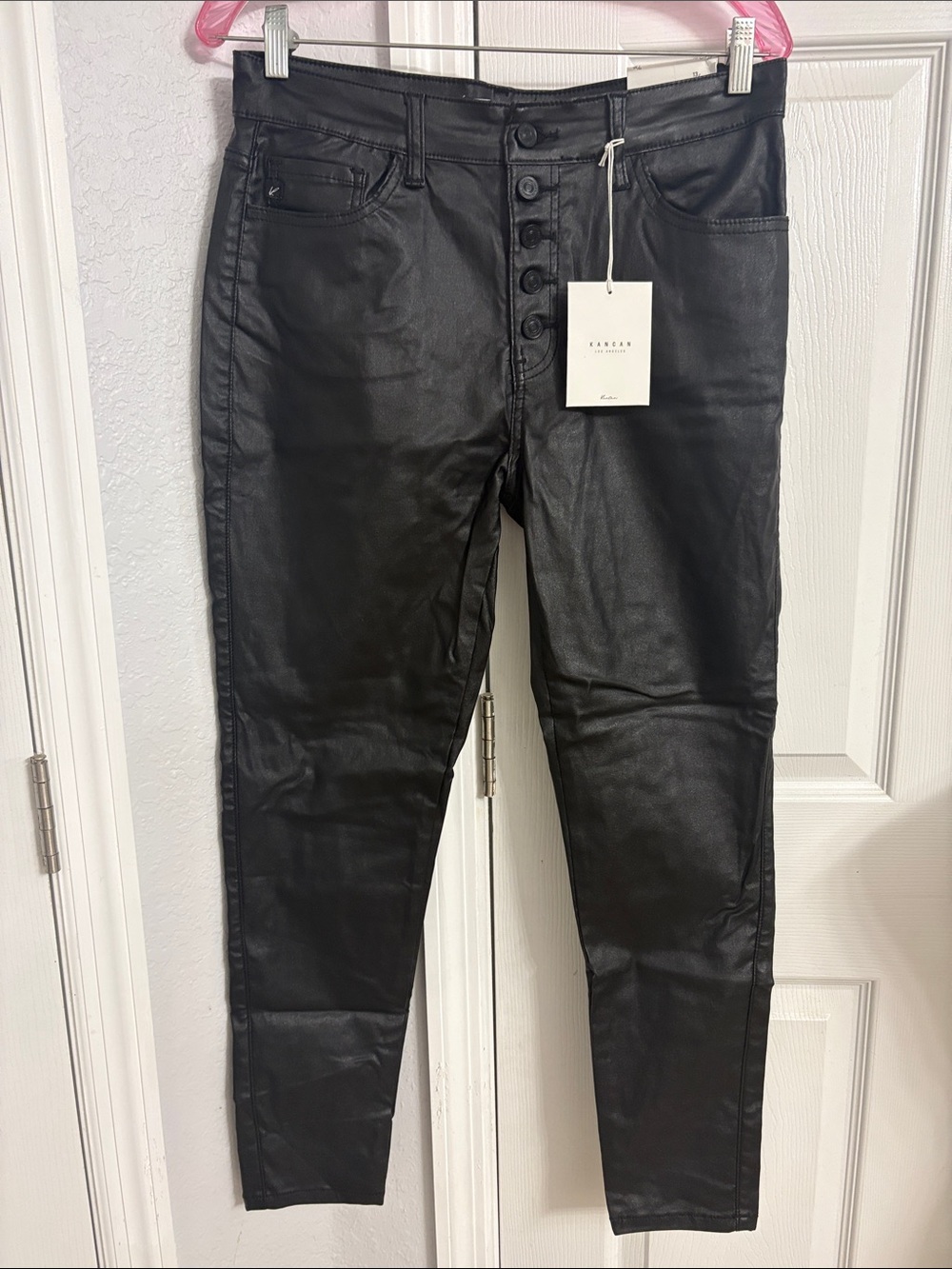 Kancan Black pleather Coated Skinny Jeans with Button Fly